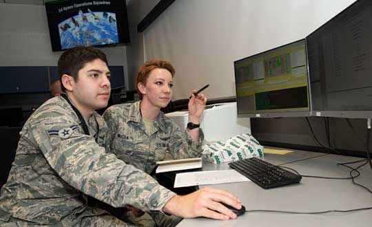 Second Lt. Kelley McCaa, 2nd Space Operations Squadron satellite vehicle operator, and Airman 1st Class John Garcia, 2nd SOPS satellite systems operator, set satellite vehicle number-74, the first iteration of GPS Block III vehicles, as healthy and active to users Jan. 13, 2020, Schriever Air Force Base, Colorado,. Setting the vehicle healthy and active makes the satellite available for use by military and civilian GPS users around the world for agriculture, banking and navigation. (Photo: U.S. Air Force/Staff Sgt. Matthew Coleman-Foster)