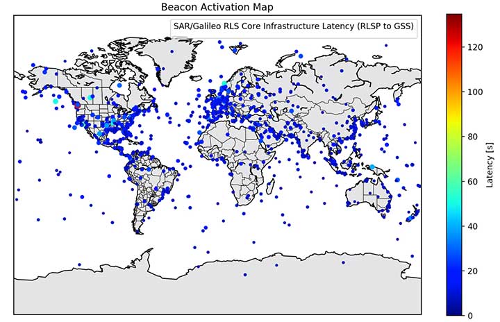 Figure 5. Beacon activation map and RLM delivery latency through the Galileo system. (Image: ESA)