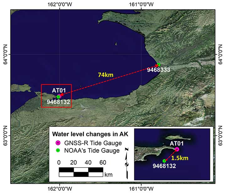 FIGURE 3. Locations of AT01 and two NOAA tide-gauge stations (9468132 in St. Michael and 9468333 in Unalakleet). The red box represents the zoomed area at the bottom right. (Image: Authors)