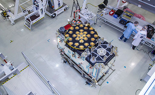 The satellite Patrick, first of Galileo's Batch 3, will eventually travel from OHB to ESA’s ESTEC technical centre (shown here) in Noordwijk, the Netherlands for rigorous testing in simulated space conditions. (Photo: European Space Agency)