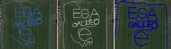 To test the accuracy of the competing satnav smartphone apps, the words ESA and Galileo were traced along ESTEC's football field. The left side uses single frequency GPS and Galileo signals, the centre uses dual frequency signals from the two constellations while the right is with precise corrections. The word "ESA" is 15 meters high, while "Galileo" is 7 meters high. (Photos: ESA)