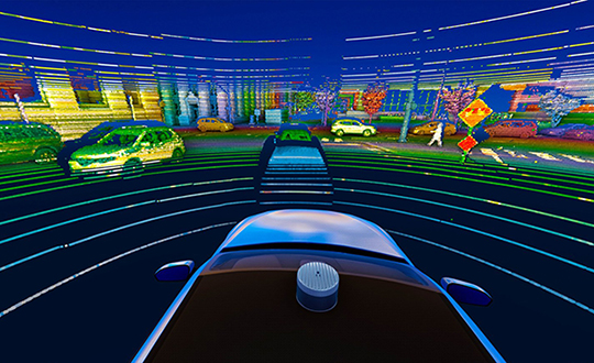 A 3D lidar sensor such as the Velodyne Alpha Puck can deliver information to help enable vehicle autonomy and advanced driver-assistance systems. (Image: Velodyne)