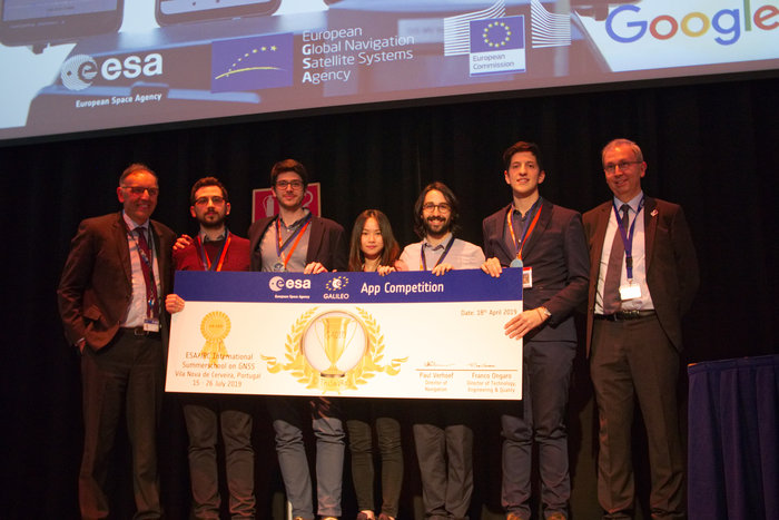 The multinational ‘O ThiSaVRoS’ team – named after the Greek word for treasure – developed the ‘GNSS Android-based Dual Frequency Iono-estimating Precise Point Positioning’ or GADIP 3 app, winning the ESA-EC-GSA Galileo smartphone app competition 2019. (Photo: ESA)