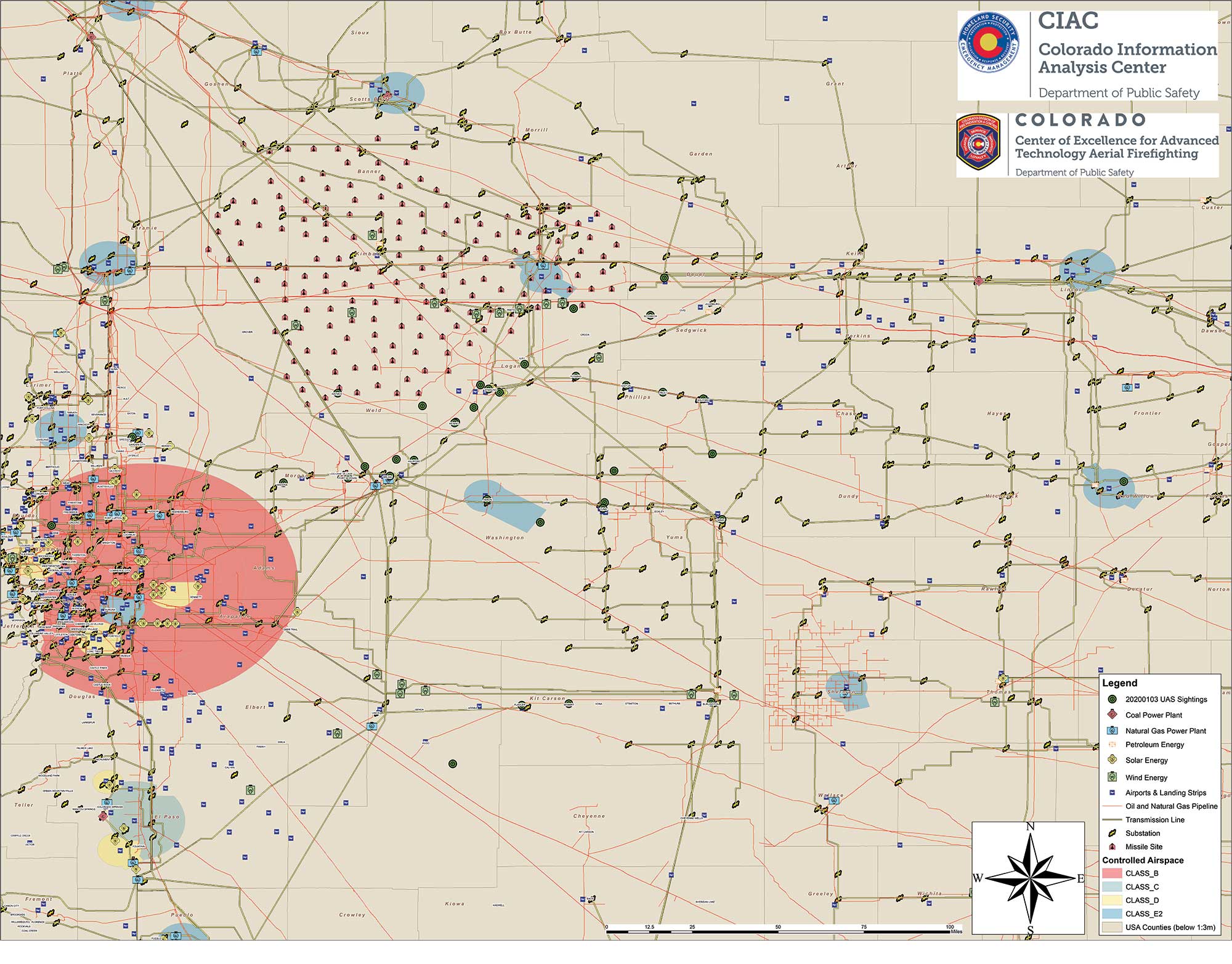 This DFPC map, obtained by FOX31 TV, shows possible locations of drone sightings along with power plants, pipelines and missile sites. (Map: Colorado Division of Fire Prevention and Control)