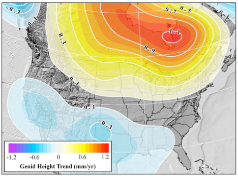 Figure 27: GRACE Trend over CONUS from UTCSR RL06 Model [mm/yr] (Source: Figure 27 from Technical Report NOS NGS 69)